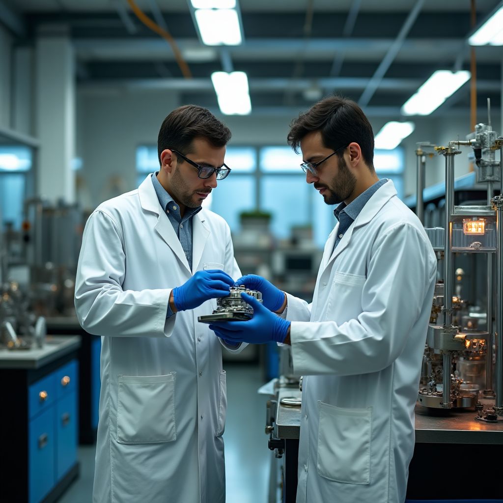Metallurgists working in advanced laboratory